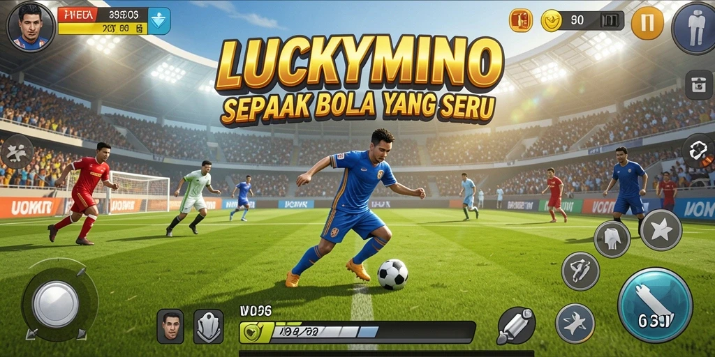 Tampilan gameplay seru dalam LUCKYMINO dengan aksi sepak bola yang mendebarkan.